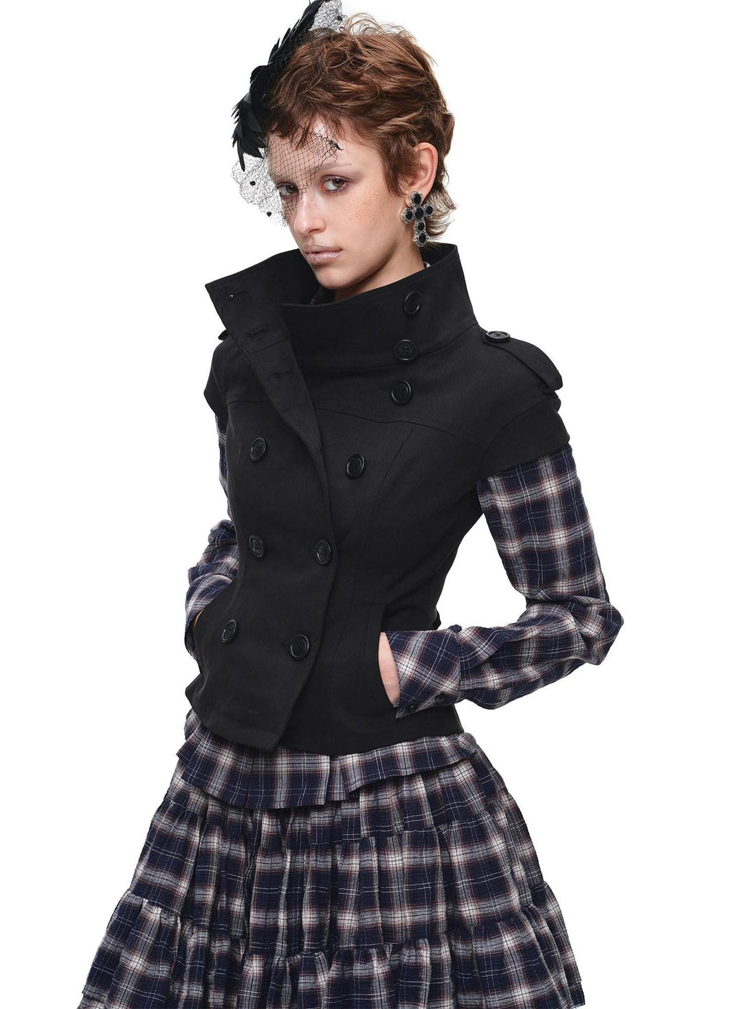 1JINN STUDIO Stand Collar Double Breasted Waist Cinched Slimming Women&
