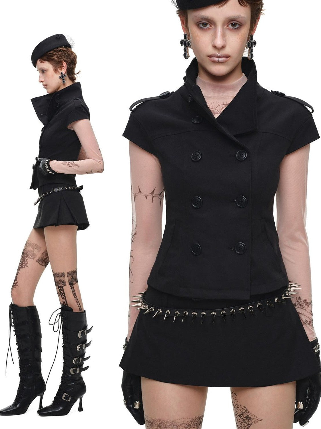 1JINN STUDIO Stand Collar Double Breasted Waist Cinched Slimming Women&