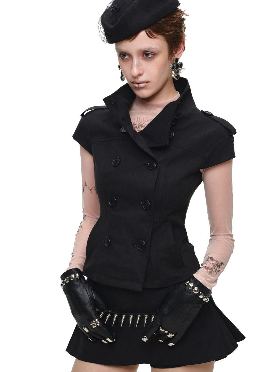 1JINN STUDIO Stand Collar Double Breasted Waist Cinched Slimming Women&