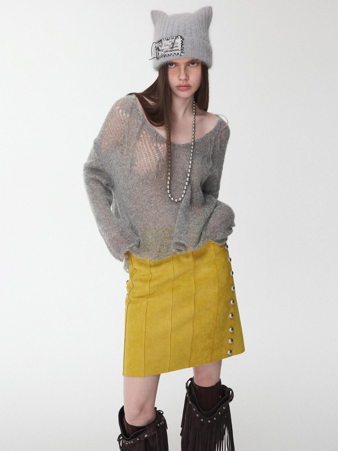 1JINN STUDIO Star Cutout V-neck Sheer Relaxed Knit Women&
