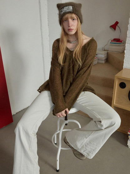 1JINN STUDIO Star Cutout V-neck Sheer Relaxed Knit Women&
