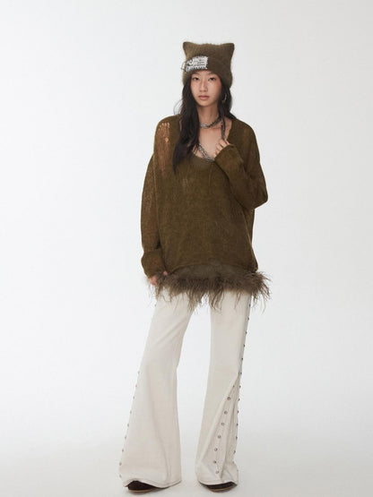 1JINN STUDIO Star Cutout V-neck Sheer Relaxed Knit Women&