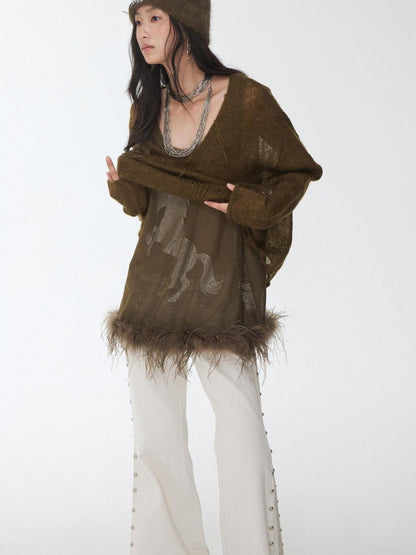 1JINN STUDIO Star Cutout V-neck Sheer Relaxed Knit Women&