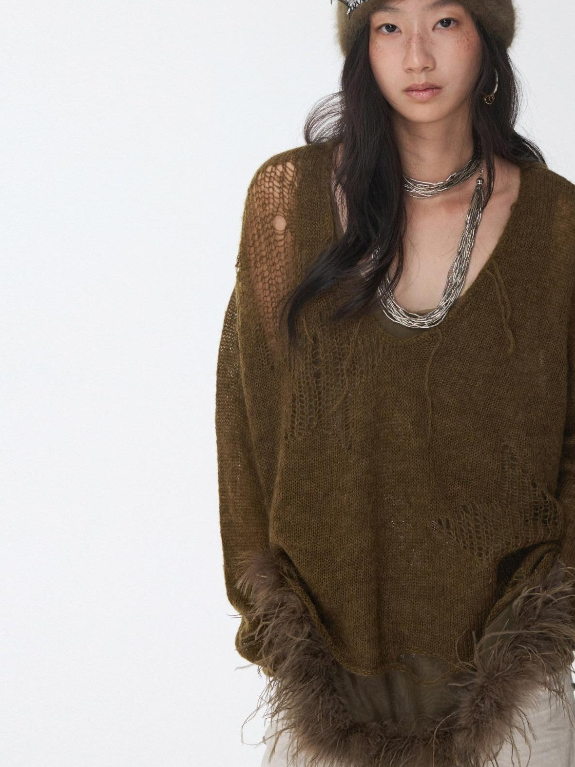 1JINN STUDIO Star Cutout V-neck Sheer Relaxed Knit Women&