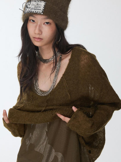1JINN STUDIO Star Cutout V-neck Sheer Relaxed Knit Women&