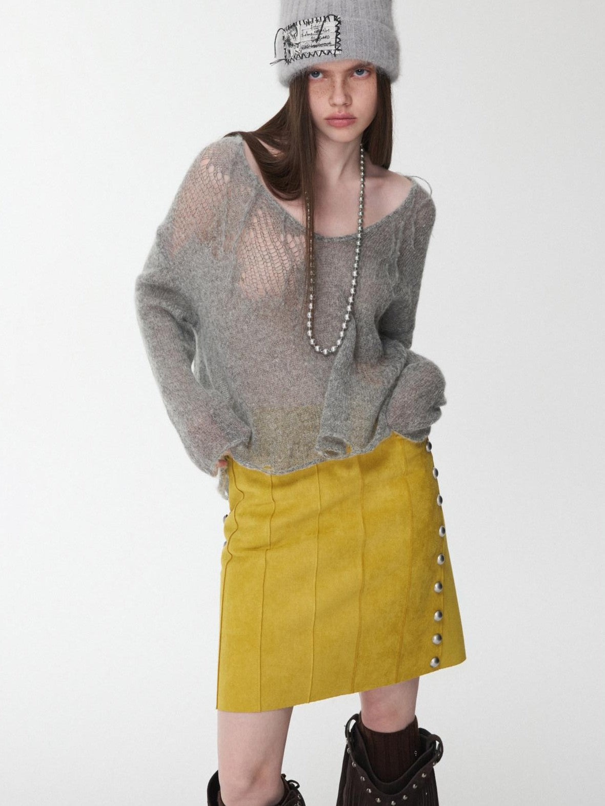 1JINN STUDIO Star Cutout V-neck Sheer Relaxed Knit Women&