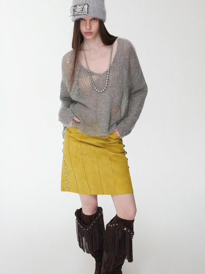 1JINN STUDIO Star Cutout V-neck Sheer Relaxed Knit Women&