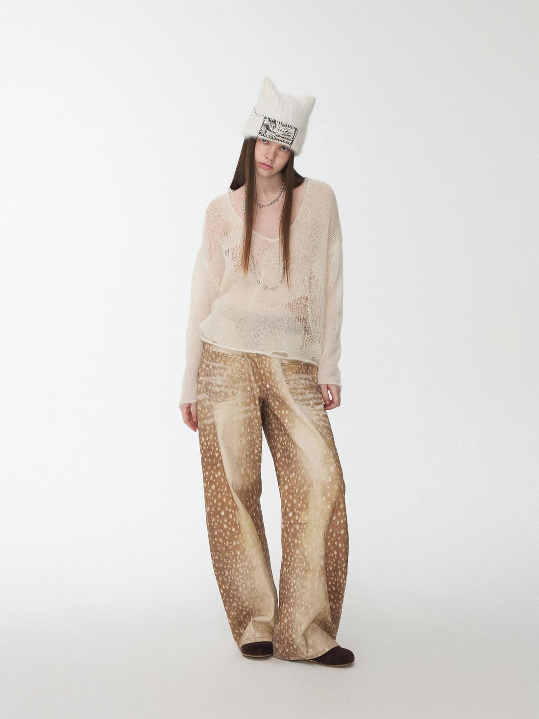1JINN STUDIO Star Cutout V-neck Sheer Relaxed Knit Women&