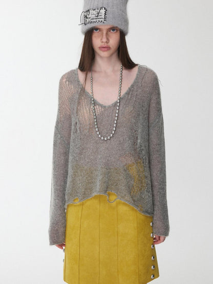 1JINN STUDIO Star Cutout V-neck Sheer Relaxed Knit Women&