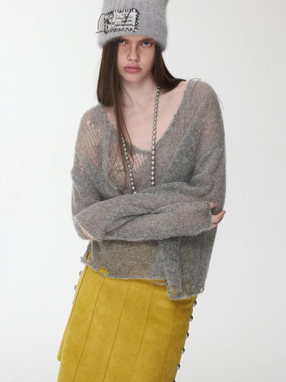 1JINN STUDIO Star Cutout V-neck Sheer Relaxed Knit Women&