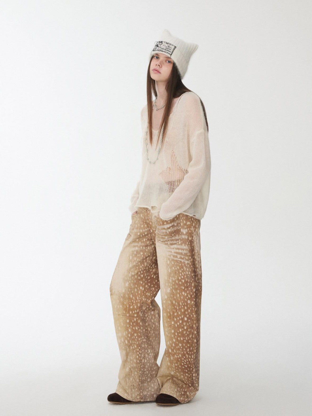 1JINN STUDIO Star Cutout V-neck Sheer Relaxed Knit Women&