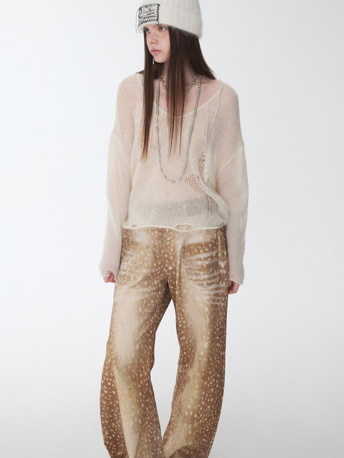 1JINN STUDIO Star Cutout V-neck Sheer Relaxed Knit Women&