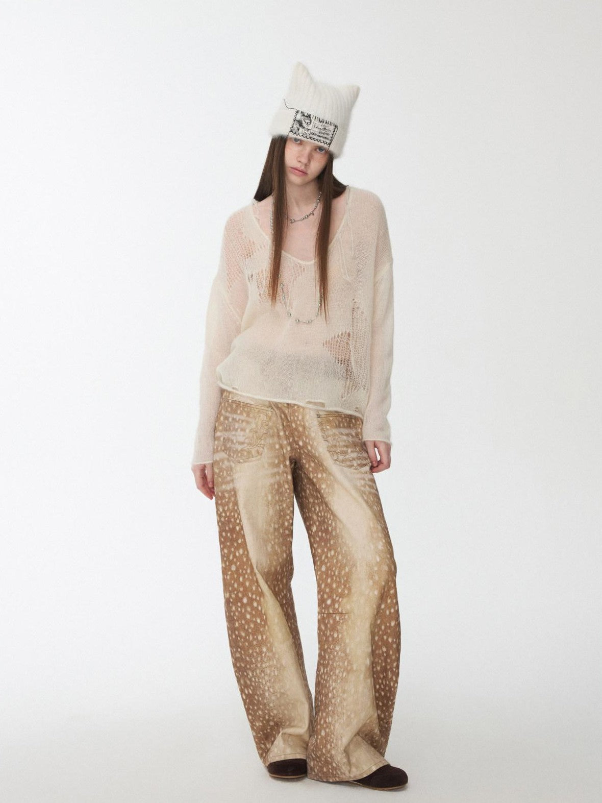 1JINN STUDIO Star Cutout V-neck Sheer Relaxed Knit Women&