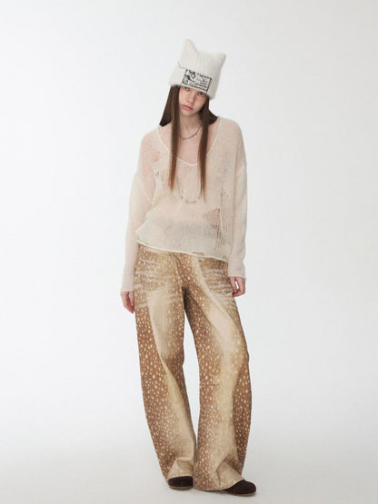 1JINN STUDIO Star Cutout V-neck Sheer Relaxed Knit Women&