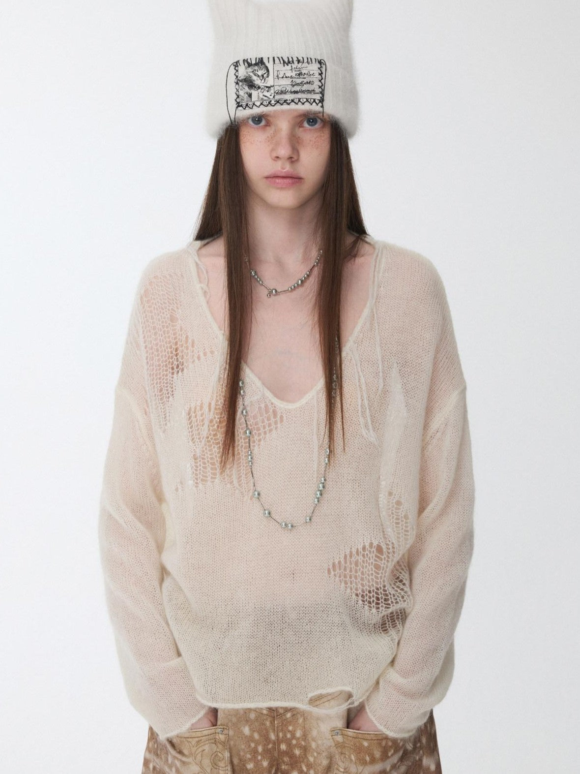 1JINN STUDIO Star Cutout V-neck Sheer Relaxed Knit Women&