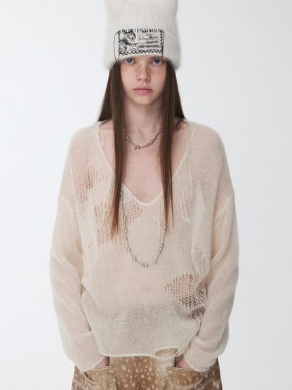 1JINN STUDIO Star Cutout V-neck Sheer Relaxed Knit Women&
