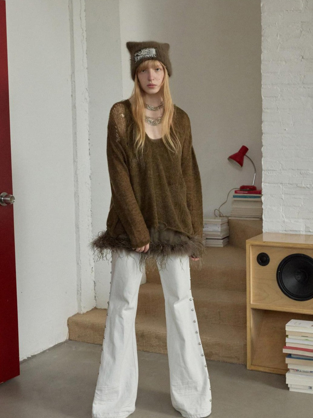 1JINN STUDIO Star Cutout V-neck Sheer Relaxed Knit Women&