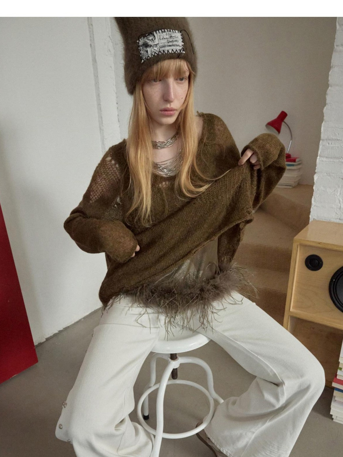 1JINN STUDIO Star Cutout V-neck Sheer Relaxed Knit Women&