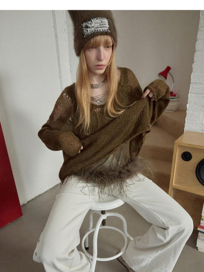 1JINN STUDIO Star Cutout V-neck Sheer Relaxed Knit Women&