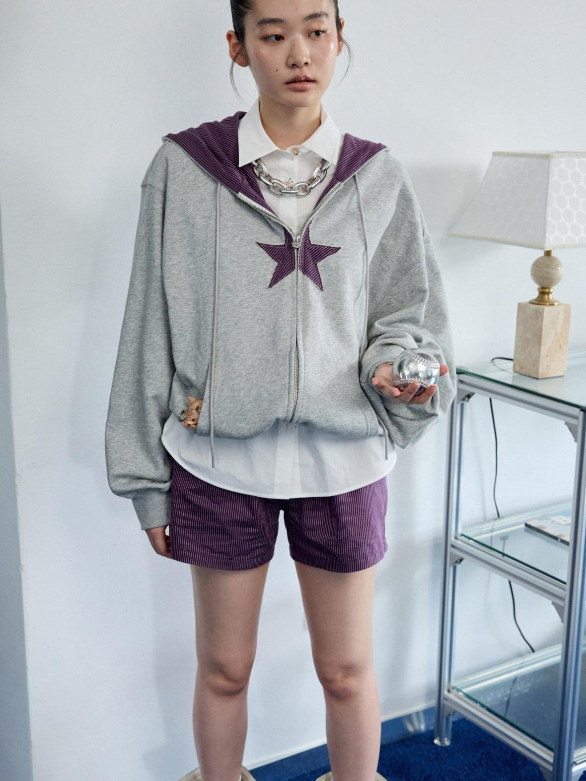 1JINN STUDIO Star Plaid Patchwork Tulip Hem Drawstring Hood Women&