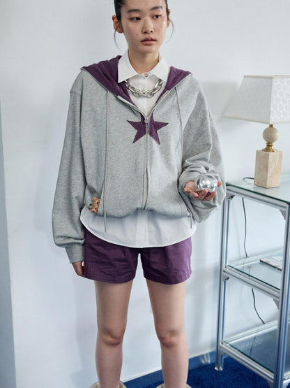 1JINN STUDIO Star Plaid Patchwork Tulip Hem Drawstring Hood Women&