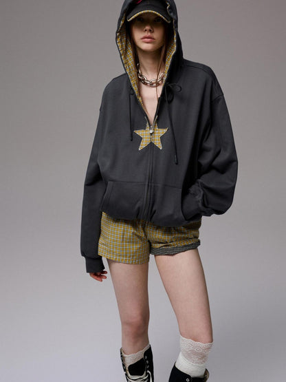 1JINN STUDIO Star Plaid Patchwork Tulip Hem Drawstring Hood Women&