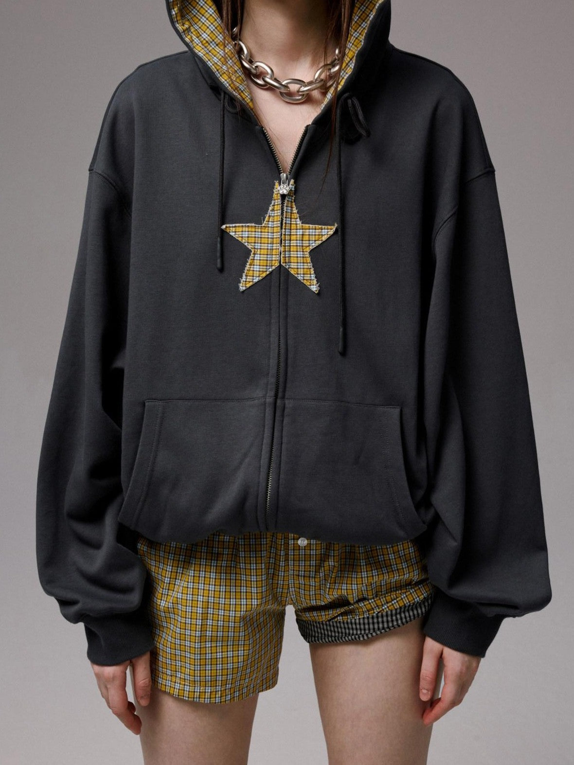 1JINN STUDIO Star Plaid Patchwork Tulip Hem Drawstring Hood Women&
