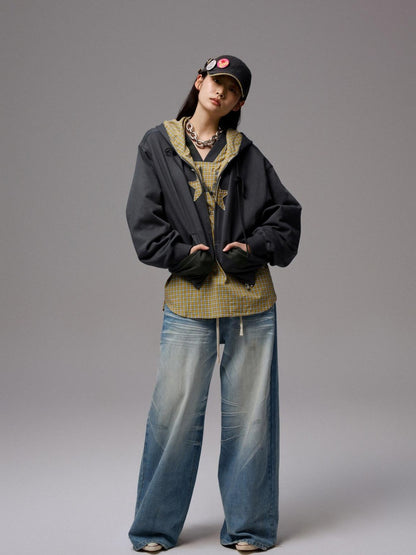 1JINN STUDIO Star Plaid Patchwork Tulip Hem Drawstring Hood Women&