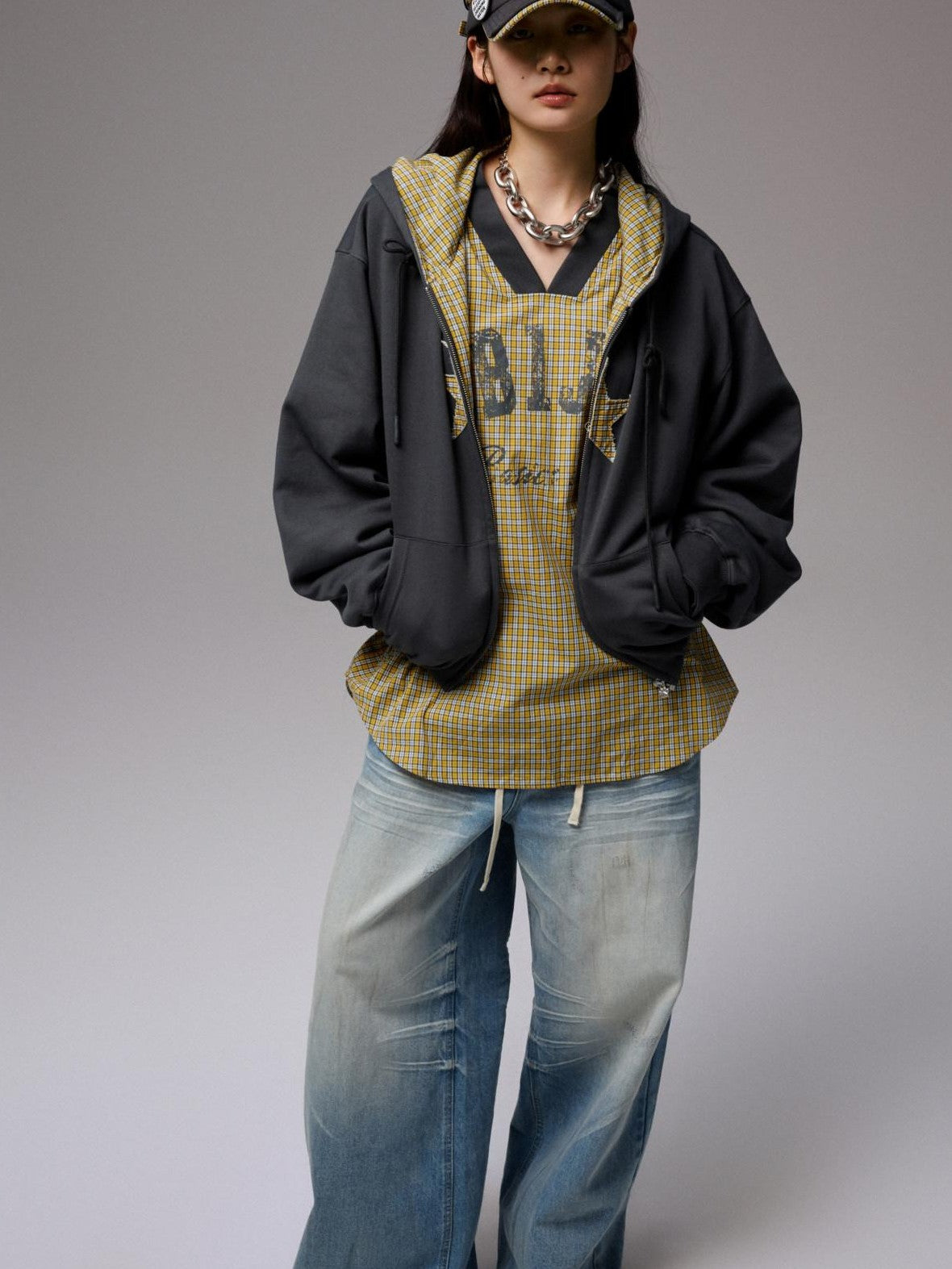 1JINN STUDIO Star Plaid Patchwork Tulip Hem Drawstring Hood Women&
