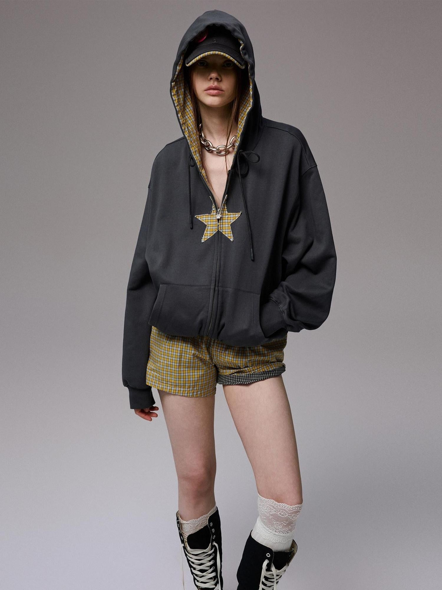 1JINN STUDIO Star Plaid Patchwork Tulip Hem Drawstring Hood Women&