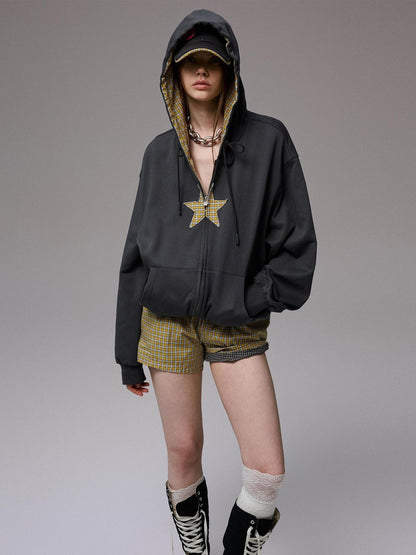 1JINN STUDIO Star Plaid Patchwork Tulip Hem Drawstring Hood Women&