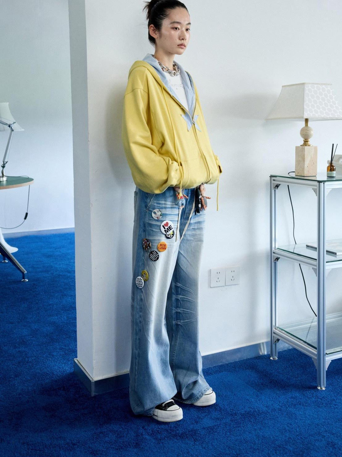 1JINN STUDIO Star Plaid Patchwork Tulip Hem Drawstring Hood Women&