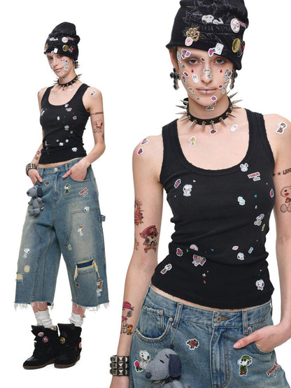 1JINN STUDIO Sticker Print Washed Distressed Women&