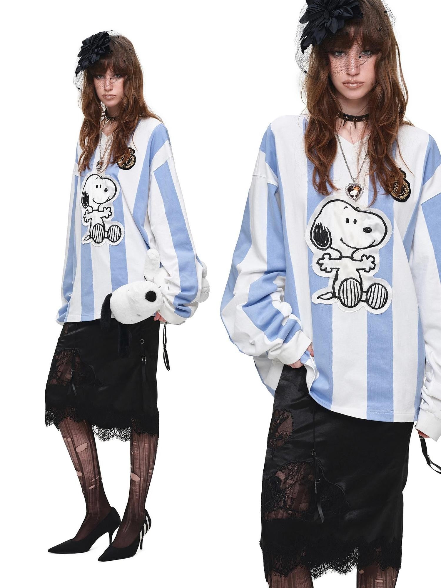 1JINN STUDIO Striped Applique Embroidery Retro Loose Women&