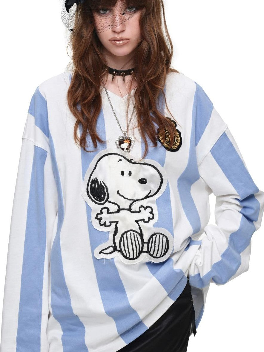 1JINN STUDIO Striped Applique Embroidery Retro Loose Women&
