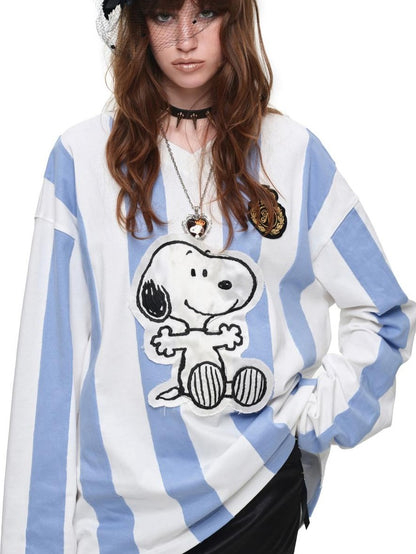 1JINN STUDIO Striped Applique Embroidery Retro Loose Women&