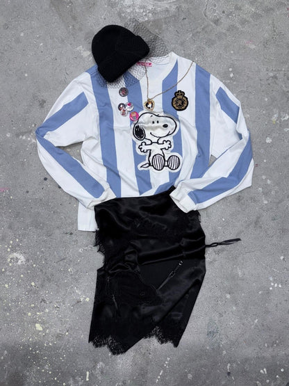 1JINN STUDIO Striped Applique Embroidery Retro Loose Women&