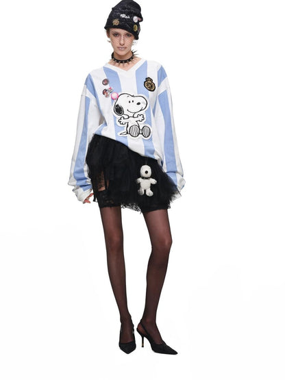 1JINN STUDIO Striped Applique Embroidery Retro Loose Women&