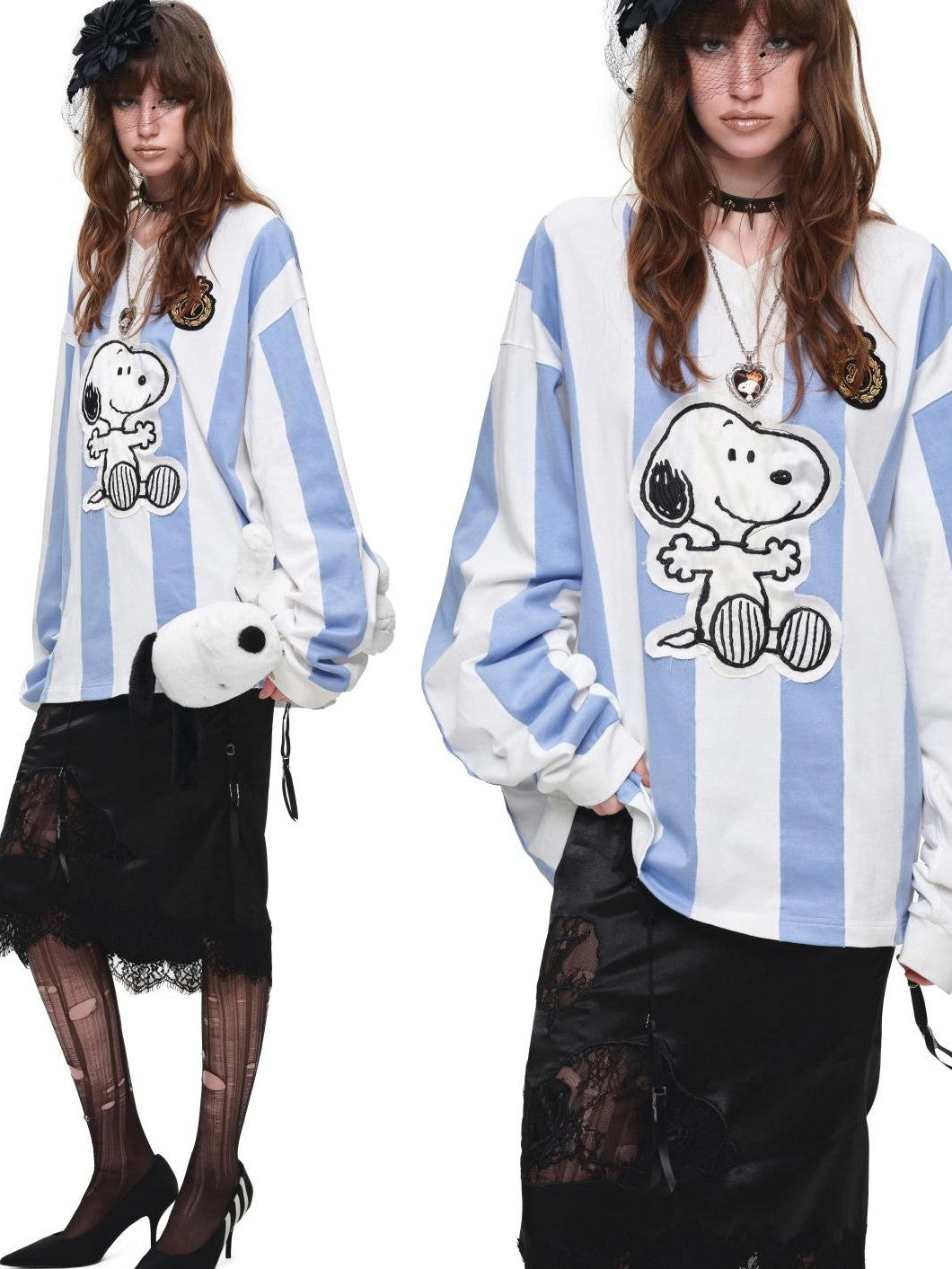 1JINN STUDIO Striped Applique Embroidery Retro Loose Women&