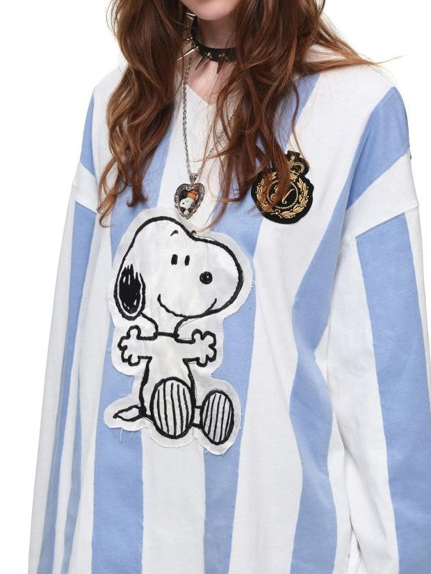 1JINN STUDIO Striped Applique Embroidery Retro Loose Women&
