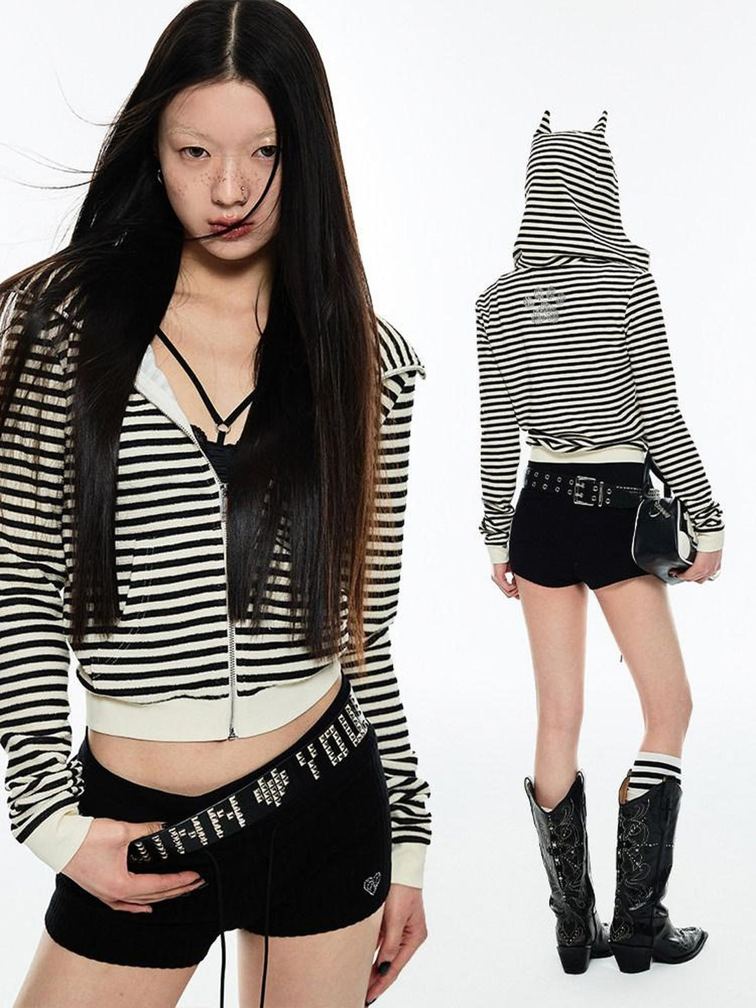 1JINN STUDIO Striped Devil Horn Cropped Slim Hooded Women&
