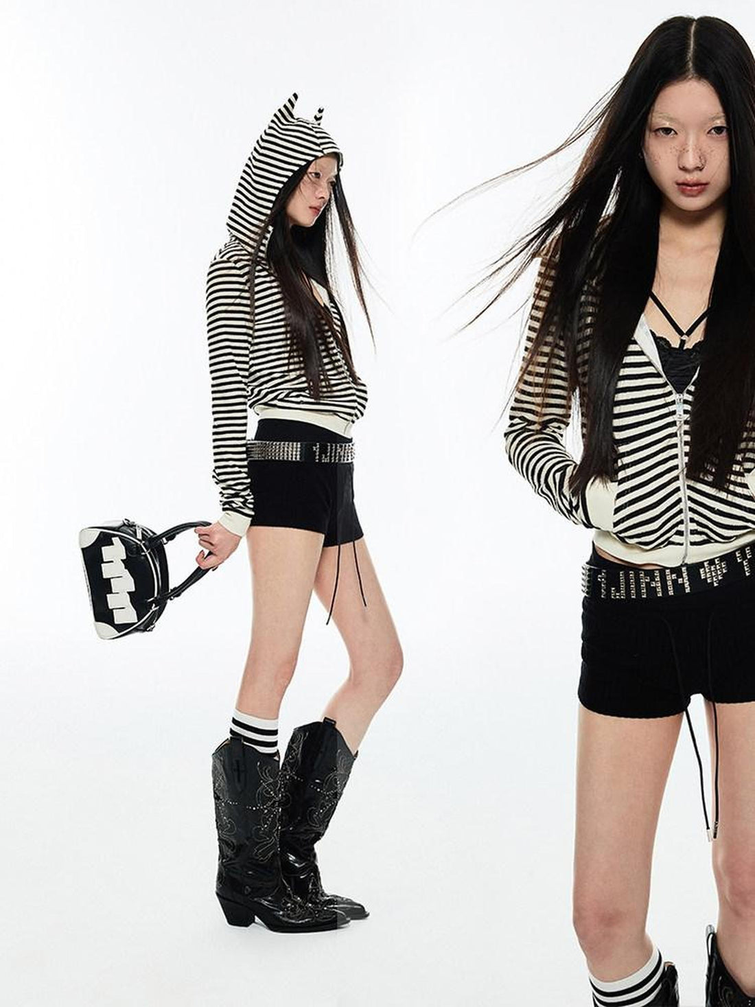 1JINN STUDIO Striped Devil Horn Cropped Slim Hooded Women&