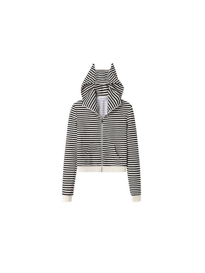 1JINN STUDIO Striped Devil Horn Cropped Slim Hooded Women&