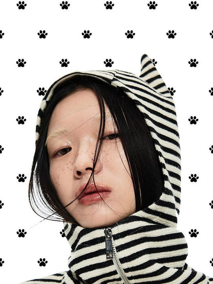 1JINN STUDIO Striped Devil Horn Cropped Slim Hooded Women&