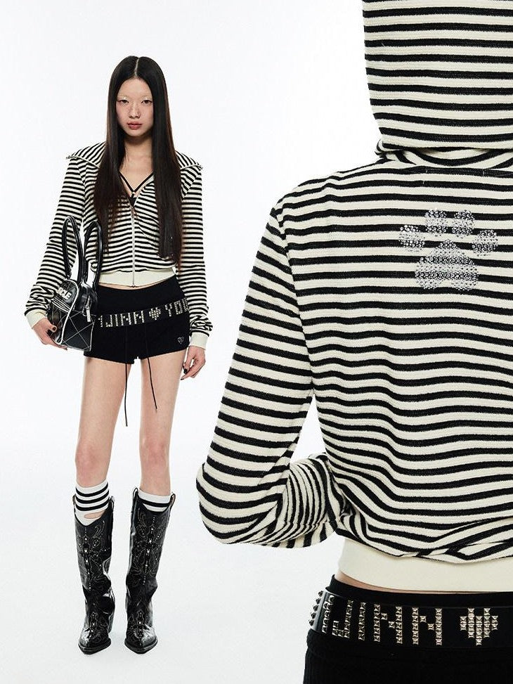 1JINN STUDIO Striped Devil Horn Cropped Slim Hooded Women&