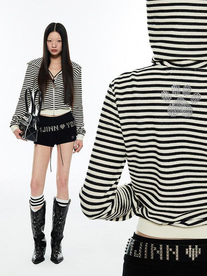 1JINN STUDIO Striped Devil Horn Cropped Slim Hooded Women&