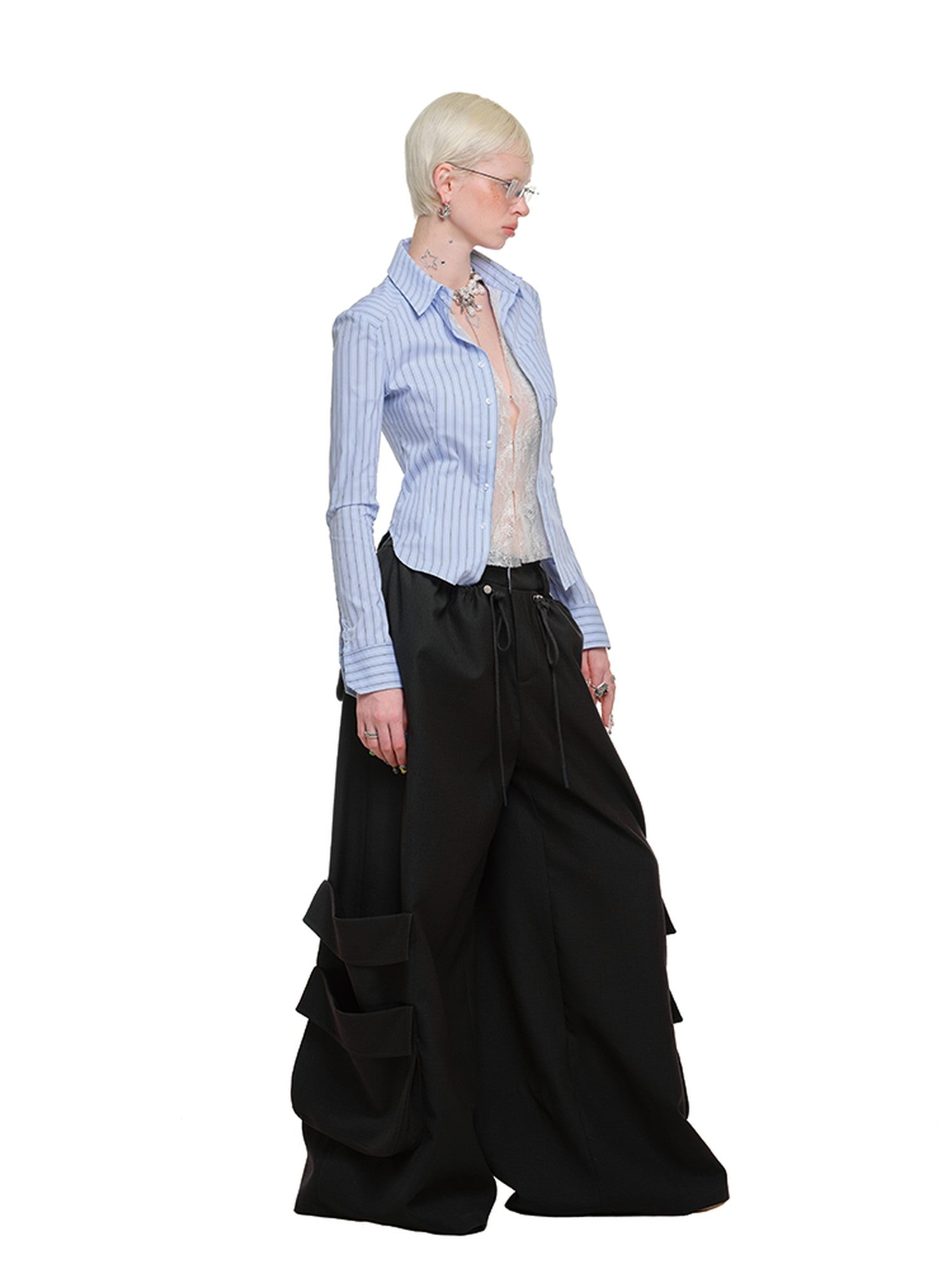 1JINN STUDIO Striped Faux Two Piece Lace Patchwork Slim Fit Women&