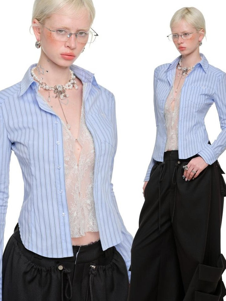 1JINN STUDIO Striped Faux Two Piece Lace Patchwork Slim Fit Women&