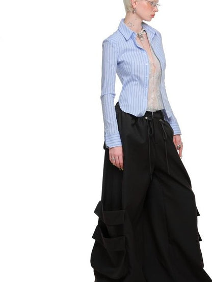 1JINN STUDIO Striped Faux Two Piece Lace Patchwork Slim Fit Women&