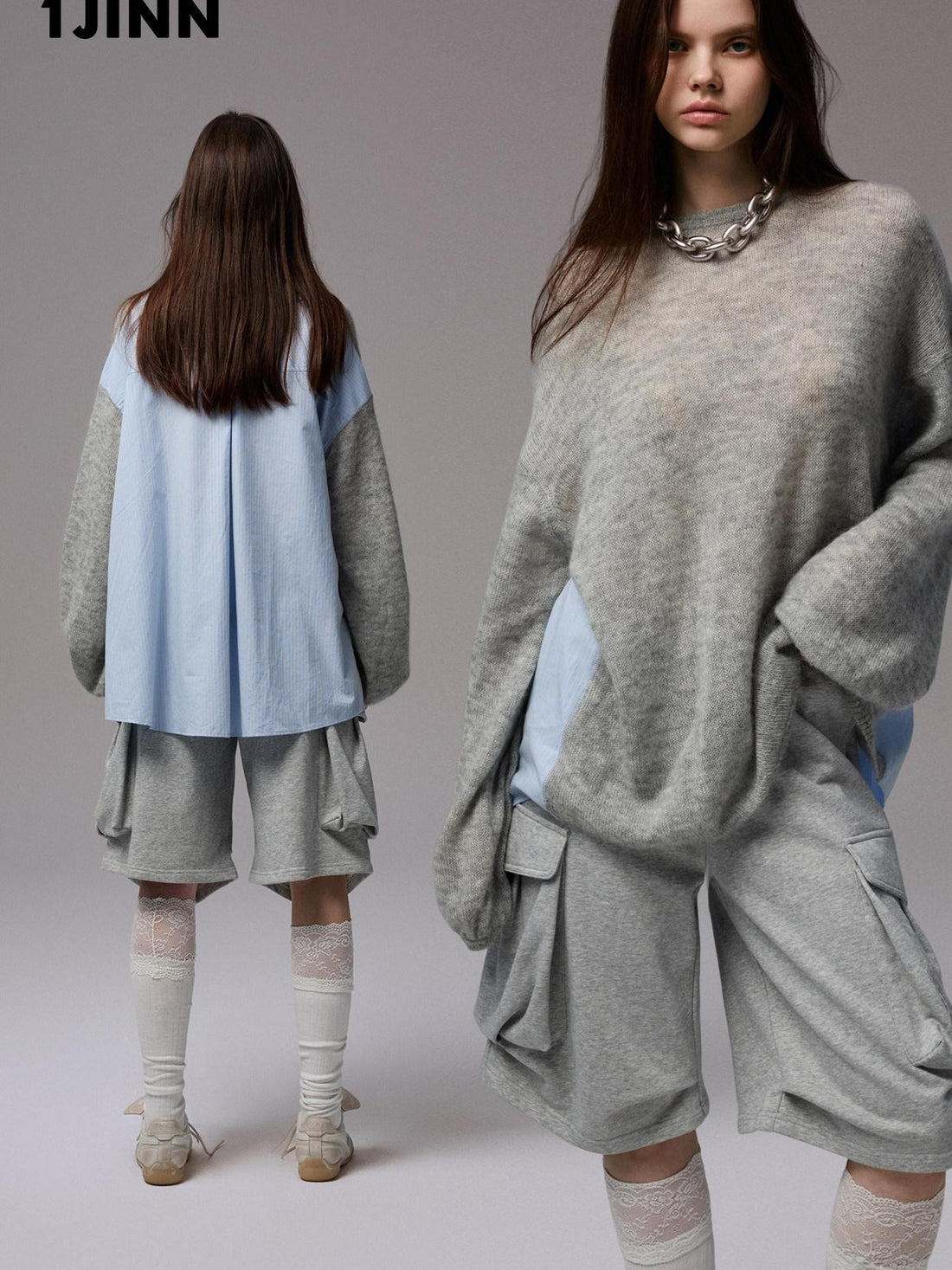 1JINN STUDIO Striped Patchwork Drop Shoulder Loose Knit Women&